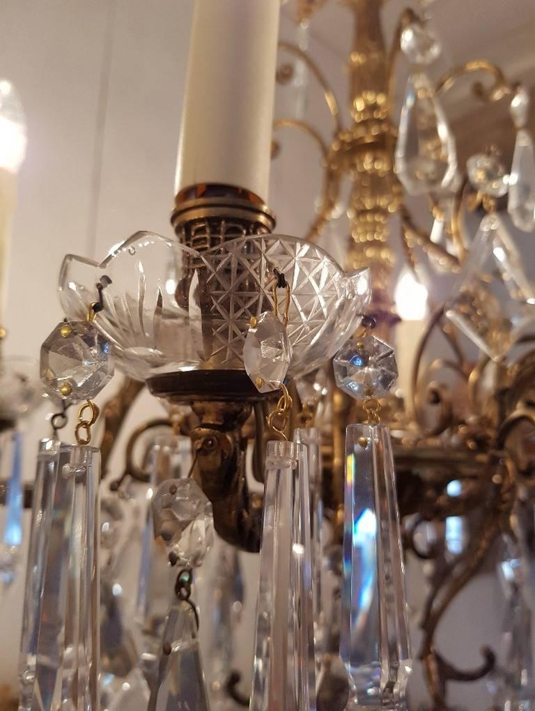 Small Bronze Chandelier with Six Lights, Crystal and Bobeche Cups In Good Condition For Sale In Oldebroek, NL