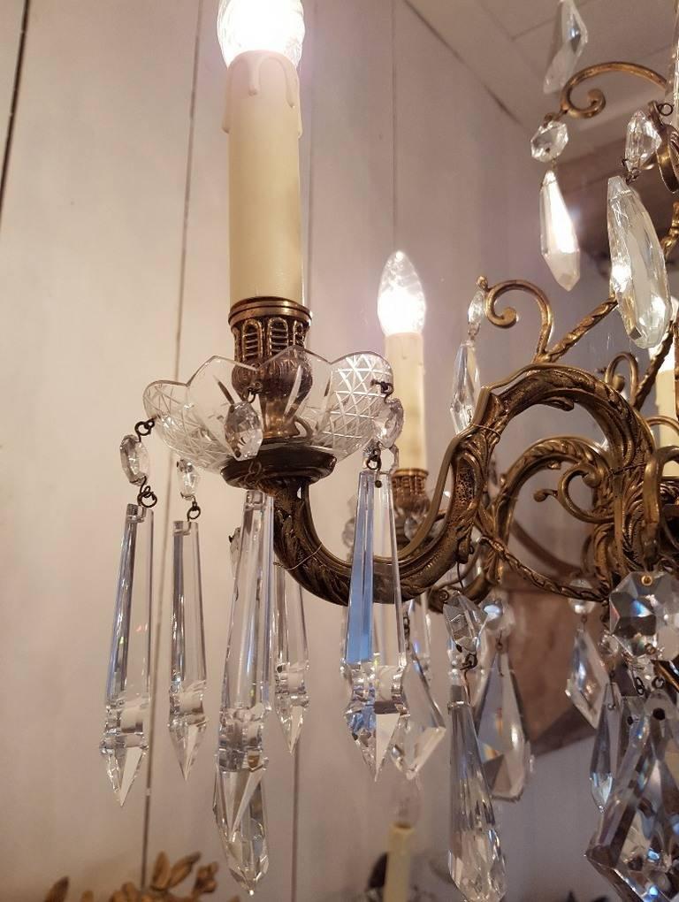 20th Century Small Bronze Chandelier with Six Lights, Crystal and Bobeche Cups For Sale