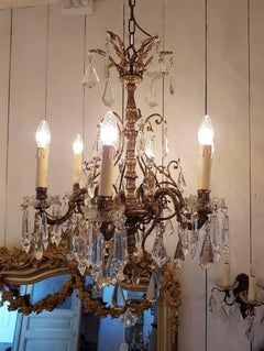 Small Bronze Chandelier with Six Lights, Crystal and Bobeche Cups