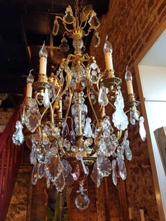 French Bronze Chandelier in Cage Model with Colored Crystal, Early 1900