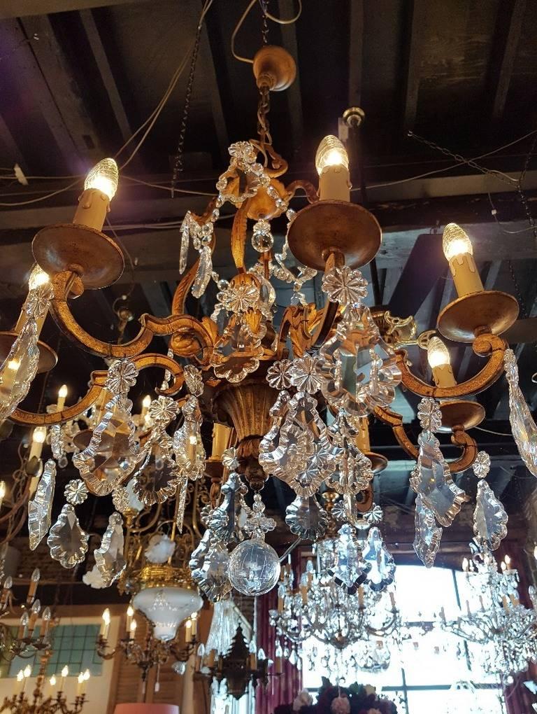 19th Century French Iron Chandelier in Doré Style with Crystal and One Pinnacle For Sale