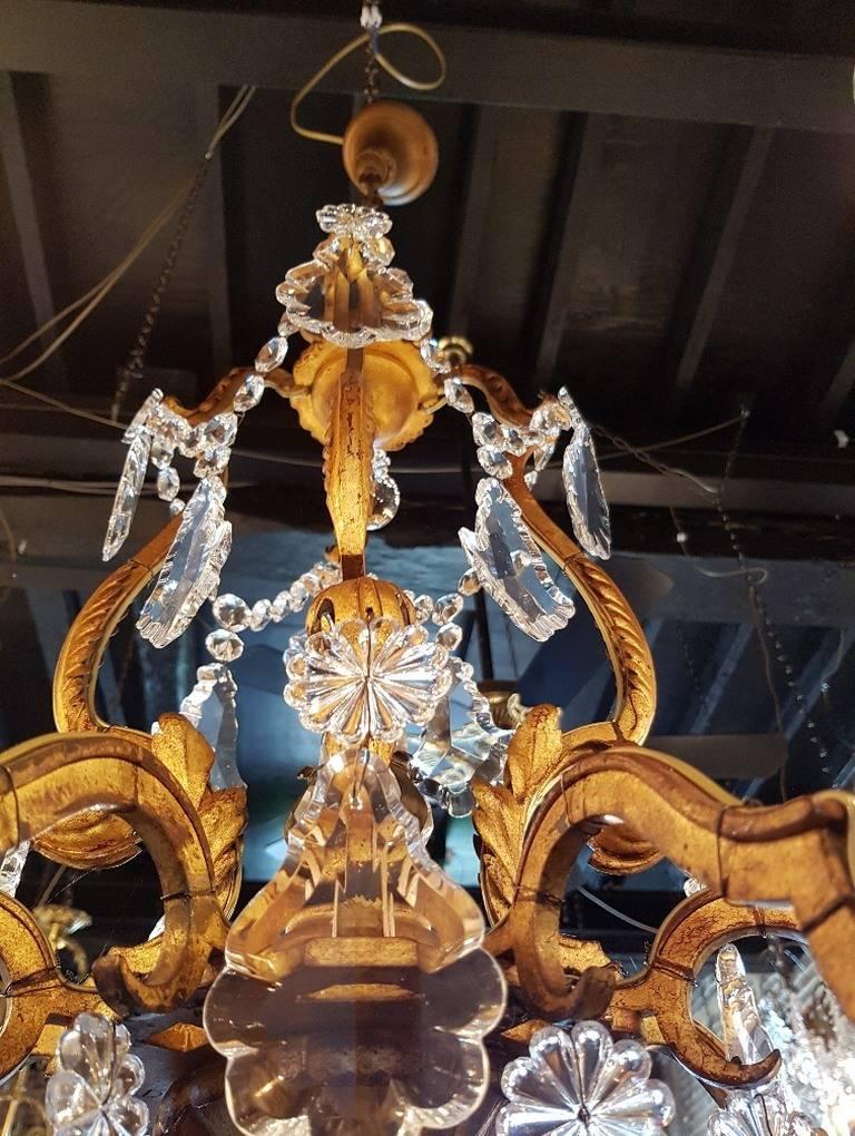 French Iron Chandelier in Doré Style with Crystal and One Pinnacle For Sale 1