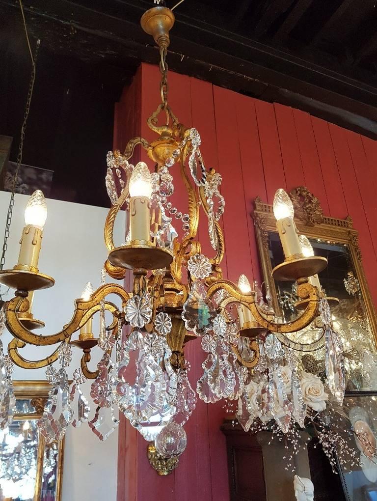 French Iron Chandelier in Doré Style with Crystal and One Pinnacle For Sale 3