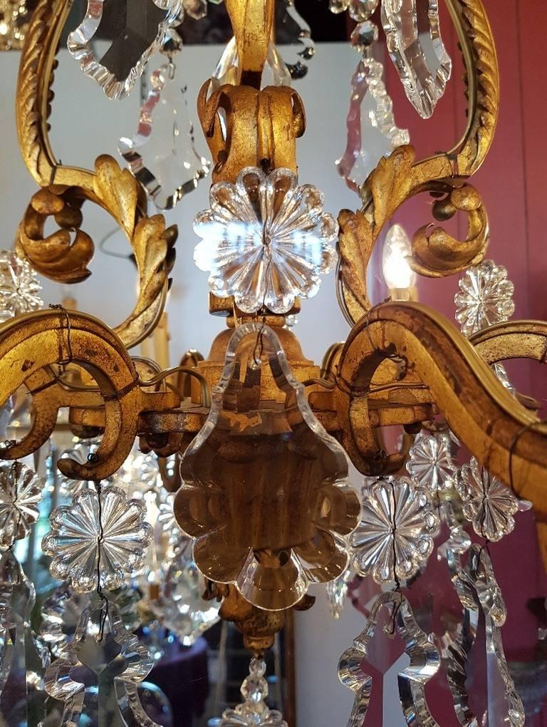 French Iron Chandelier in Doré Style with Crystal and One Pinnacle For Sale 4