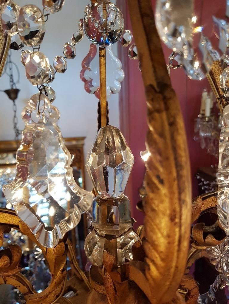 French Iron Chandelier in Doré Style with Crystal and One Pinnacle For Sale 5