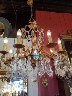 French Iron Chandelier in Doré Style with Crystal and One Pinnacle