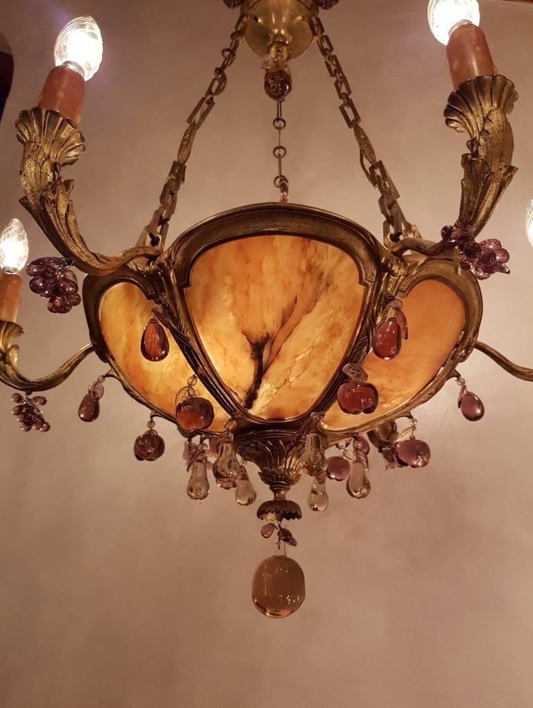 Gilt Bronze and Alabaster Chandelier with Nine Lights, Fruit Drops For Sale 2