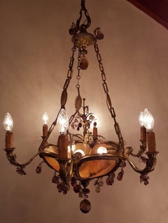 Gilt Bronze and Alabaster Chandelier with Nine Lights, Fruit Drops