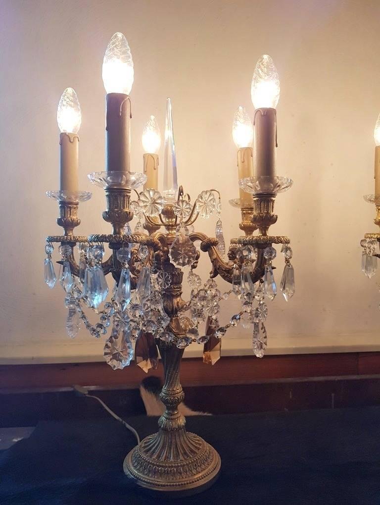 One Pair of Table Spanish Chandeliers with Crystals, Mid-20th Century In Good Condition For Sale In Oldebroek, NL