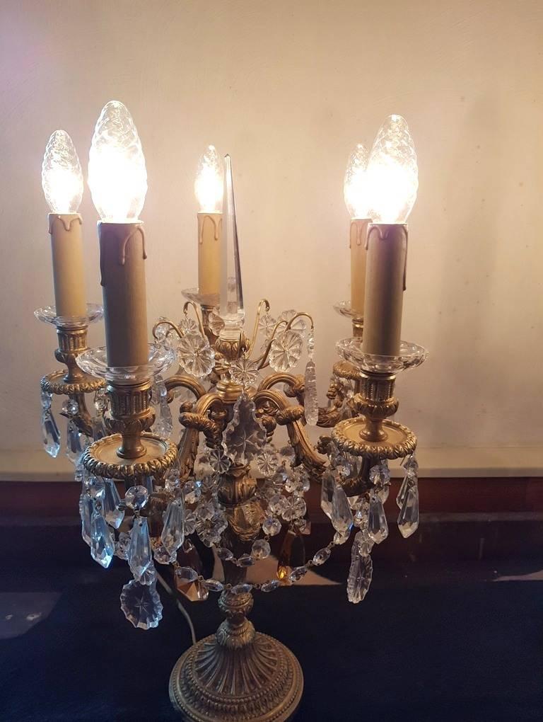 Bronze One Pair of Table Spanish Chandeliers with Crystals, Mid-20th Century For Sale