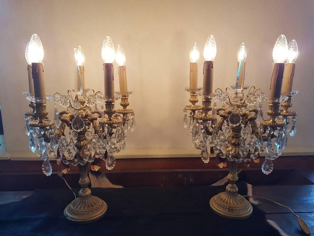One Pair of Table Spanish Chandeliers with Crystals, Mid-20th Century For Sale 5