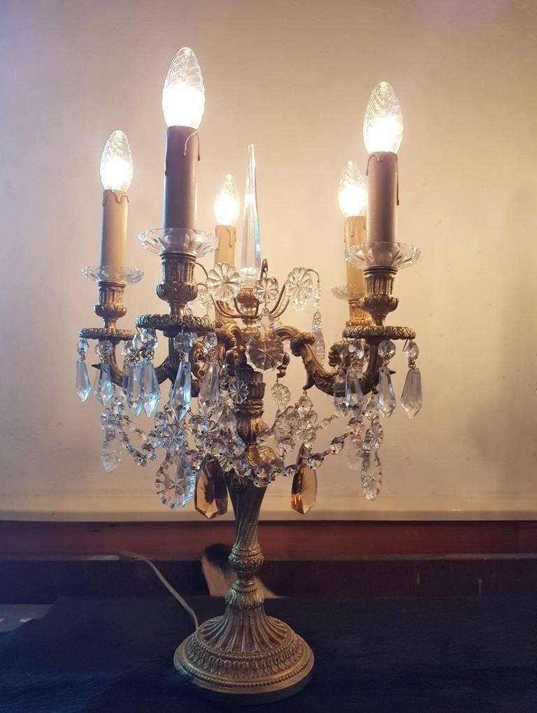 One Pair of Table Spanish Chandeliers with Crystals, Mid-20th Century For Sale 6