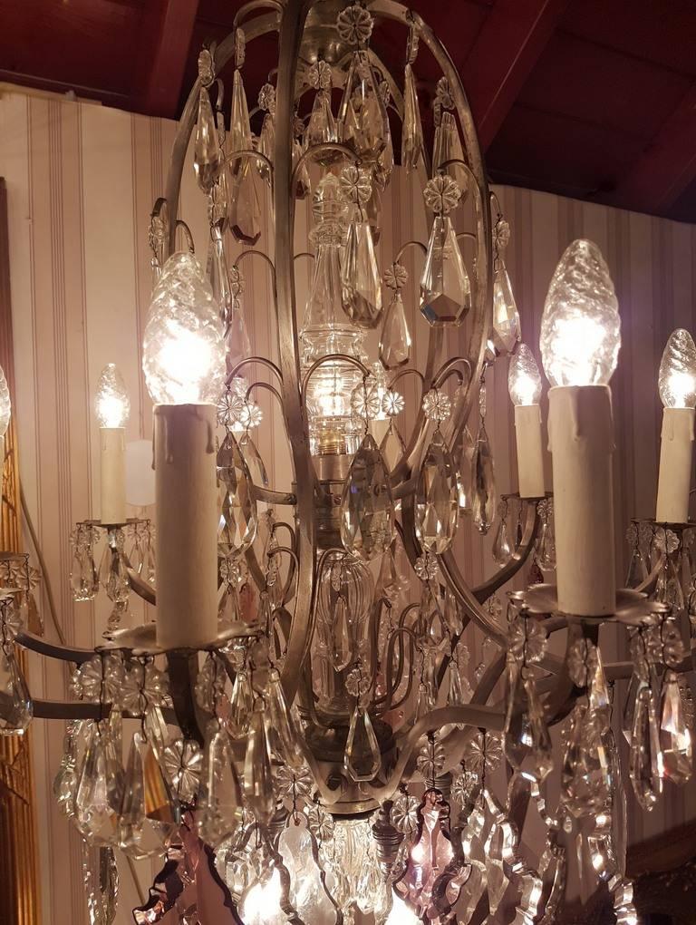 Silvered French Chandelier 16-Light Bronze with Silver Patina, Crystals, Large Pinnacle For Sale
