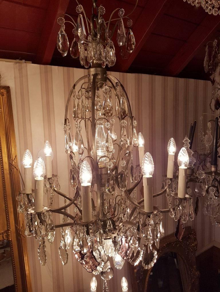 French Chandelier 16-Light Bronze with Silver Patina, Crystals, Large Pinnacle For Sale 2