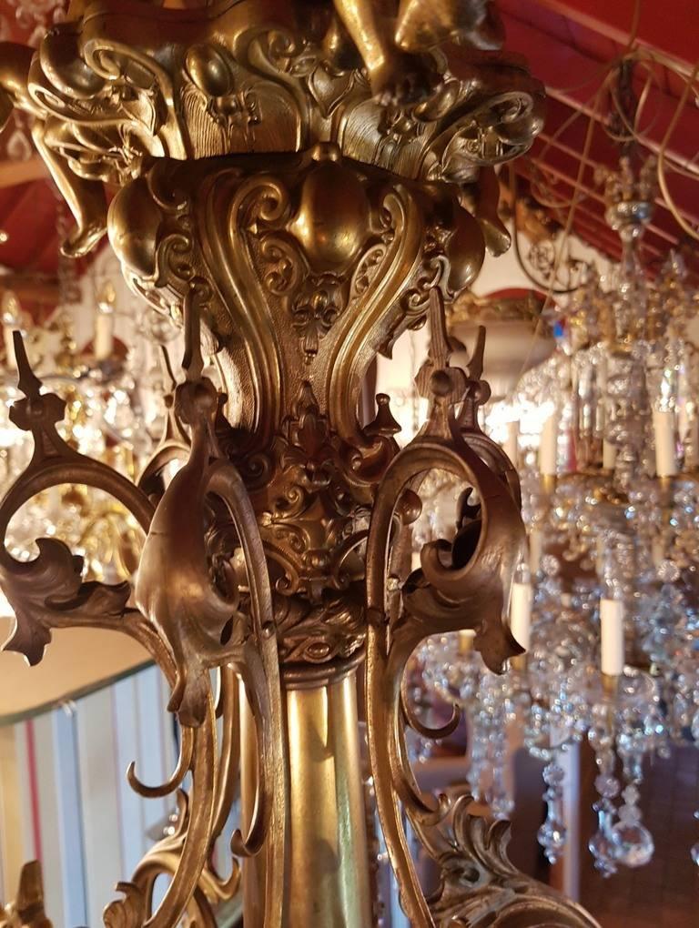 19th Century Bronze Chandelier with Angels and Crystals Six-Light For Sale