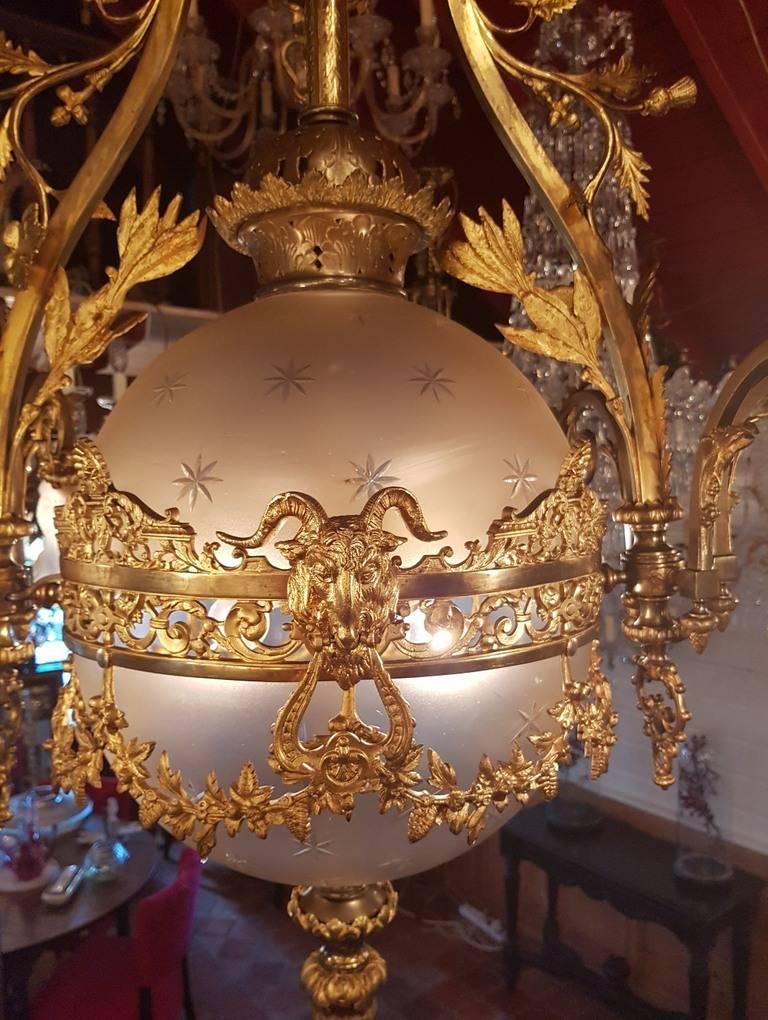 French Bronze Empire Style Chandelier with a Globe of Victorian Cut-Glass For Sale 2