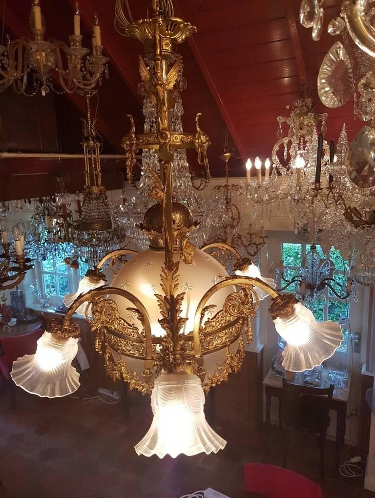 French Bronze Empire Style Chandelier with a Globe of Victorian Cut-Glass For Sale 3