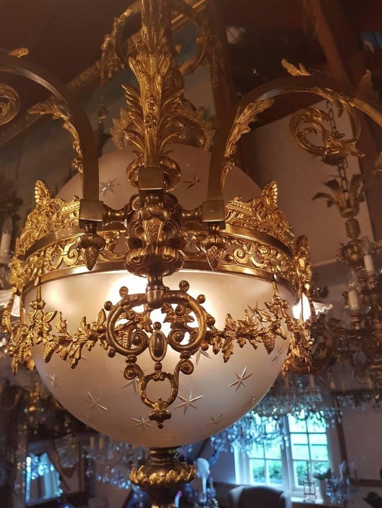 French Bronze Empire Style Chandelier with a Globe of Victorian Cut-Glass For Sale 5