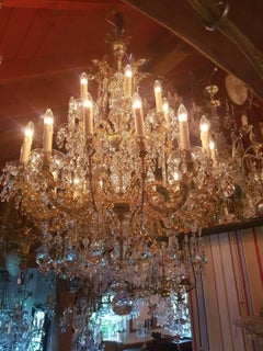 Large French Bronze Maria Theresia Chandelier, Glass Rosettes, 24 Lights