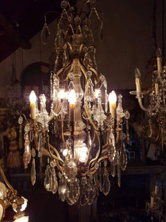 Large French Bronze Cage Chandelier with 12 Lights and Six Pinnacles