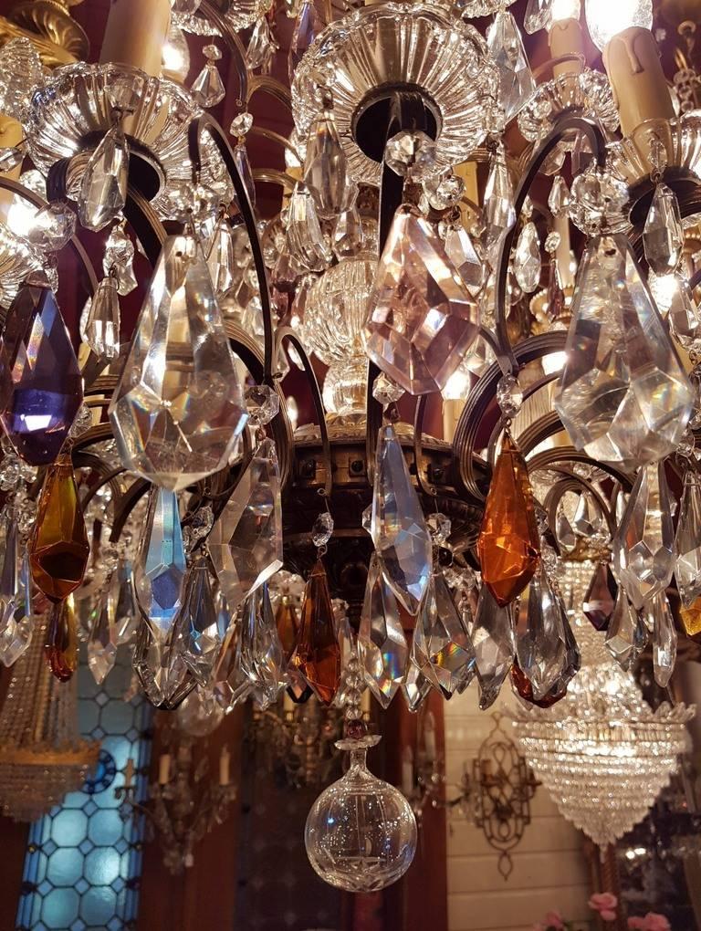 French Bronze Chandelier with Colored Crystals 15-Light In Good Condition For Sale In Oldebroek, NL