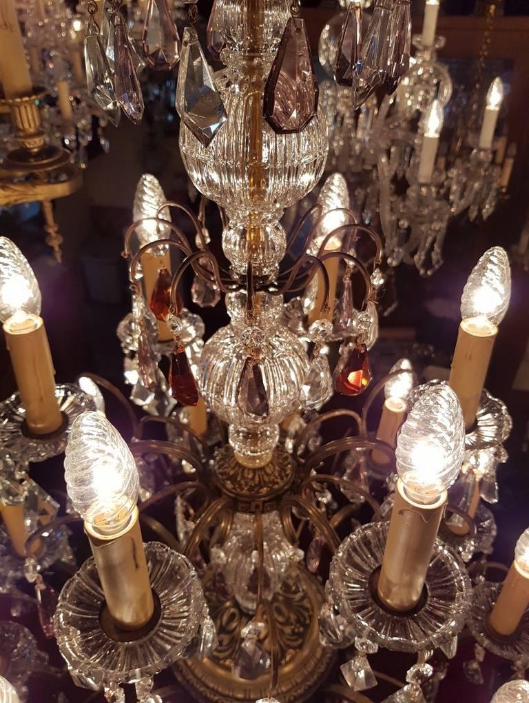 French Bronze Chandelier with Colored Crystals 15-Light For Sale 5