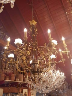 Large French Bronze and Brass Chandelier, 15 Lights, Early 1900