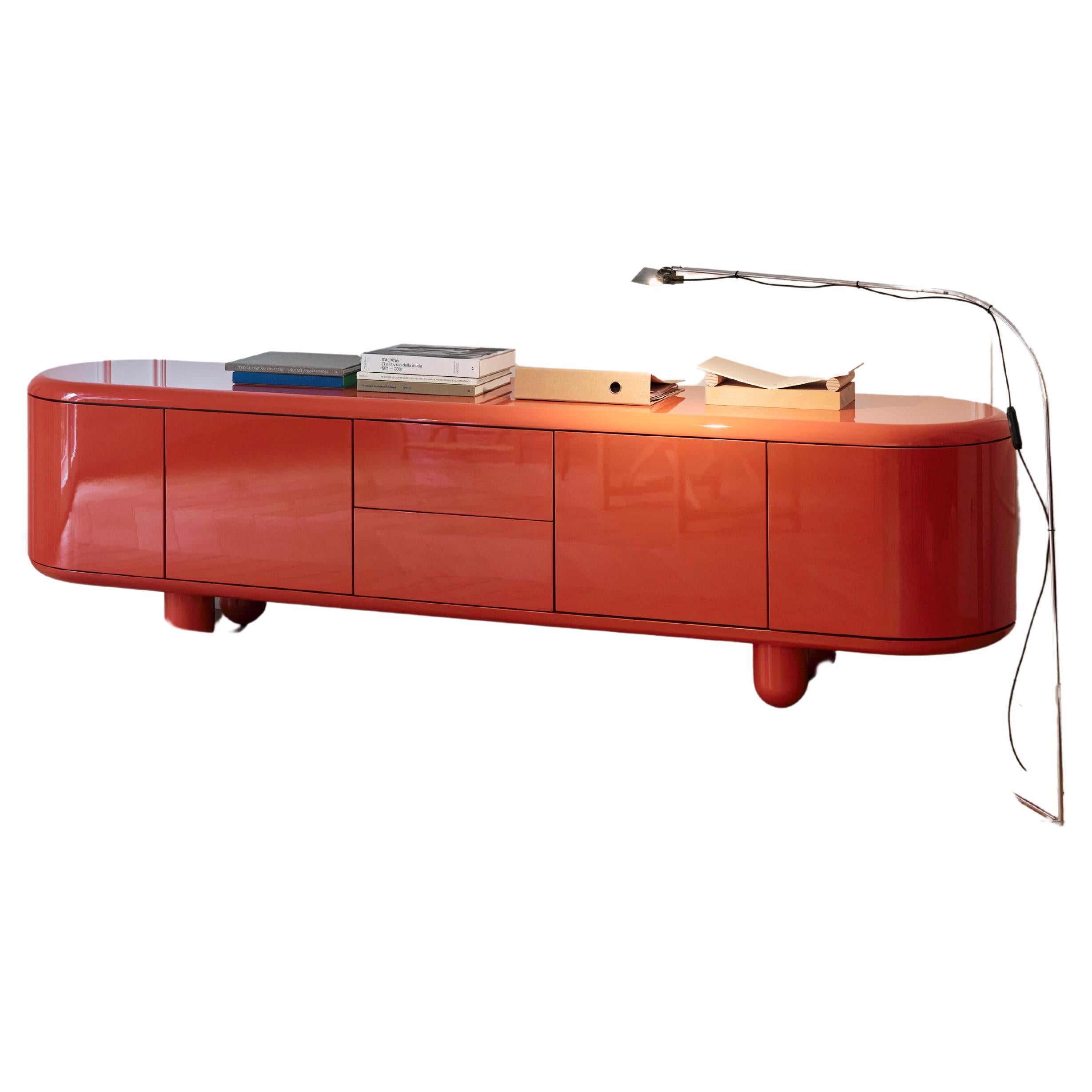 Contemporary low sideboard buffet by Jaime Hayon lacquered gloss coral red cream For Sale