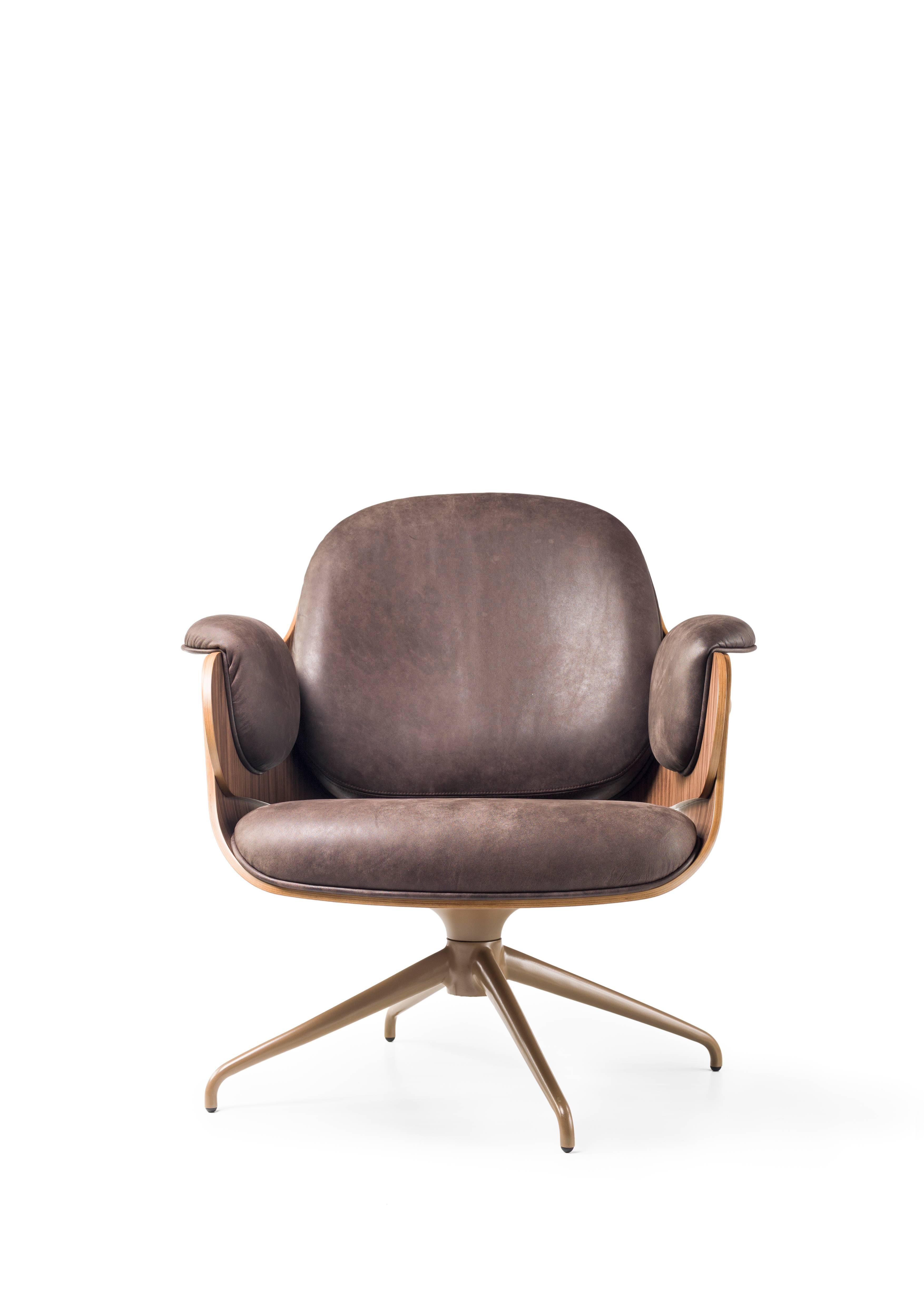 Modern Low Lounger, Swivel Wooden Armchair upholstered in leather by Jaime Hayon For Sale