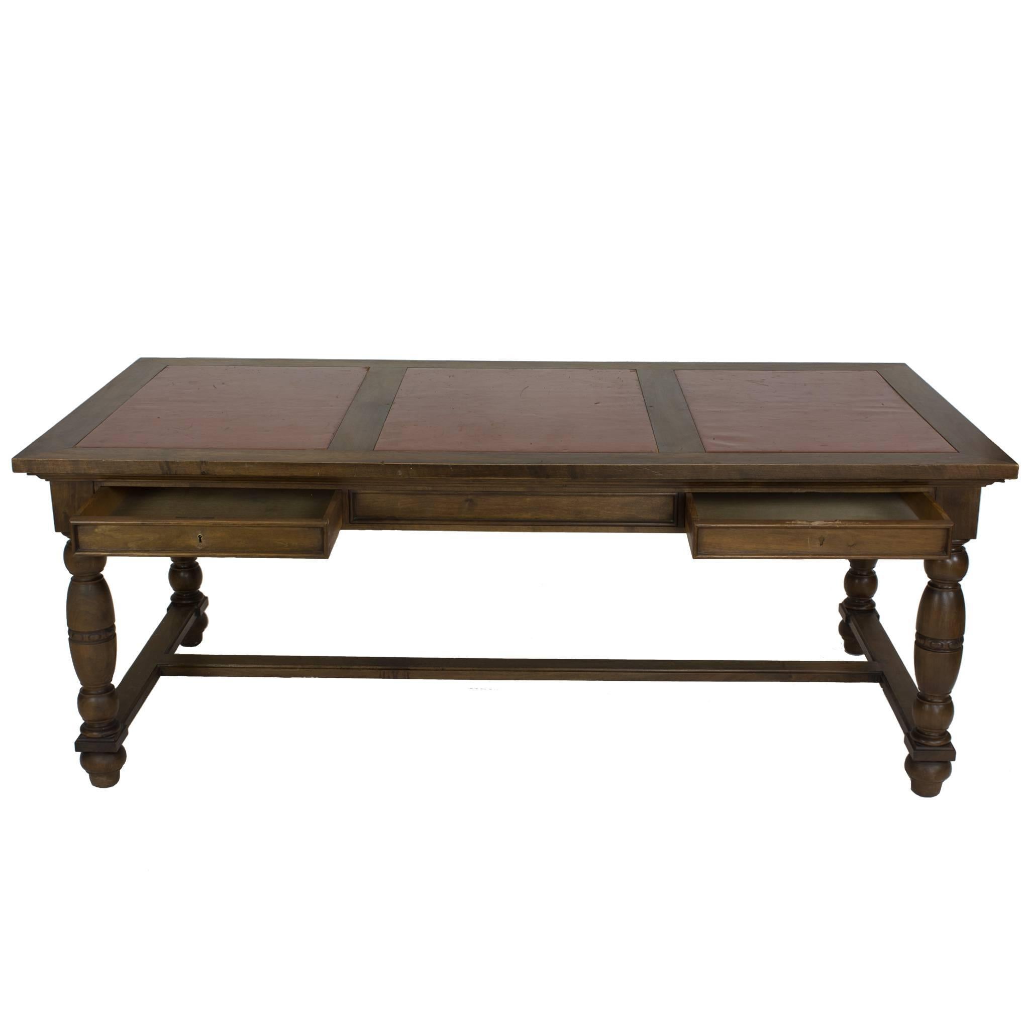 Elegant in its simplicity, this sturdy old table from circa 1870 would make a wonderful anchor piece for an open wall. In excellent shape for its age, it has smooth turned legs with lovely tooled details that set it apart from strictly utilitarian