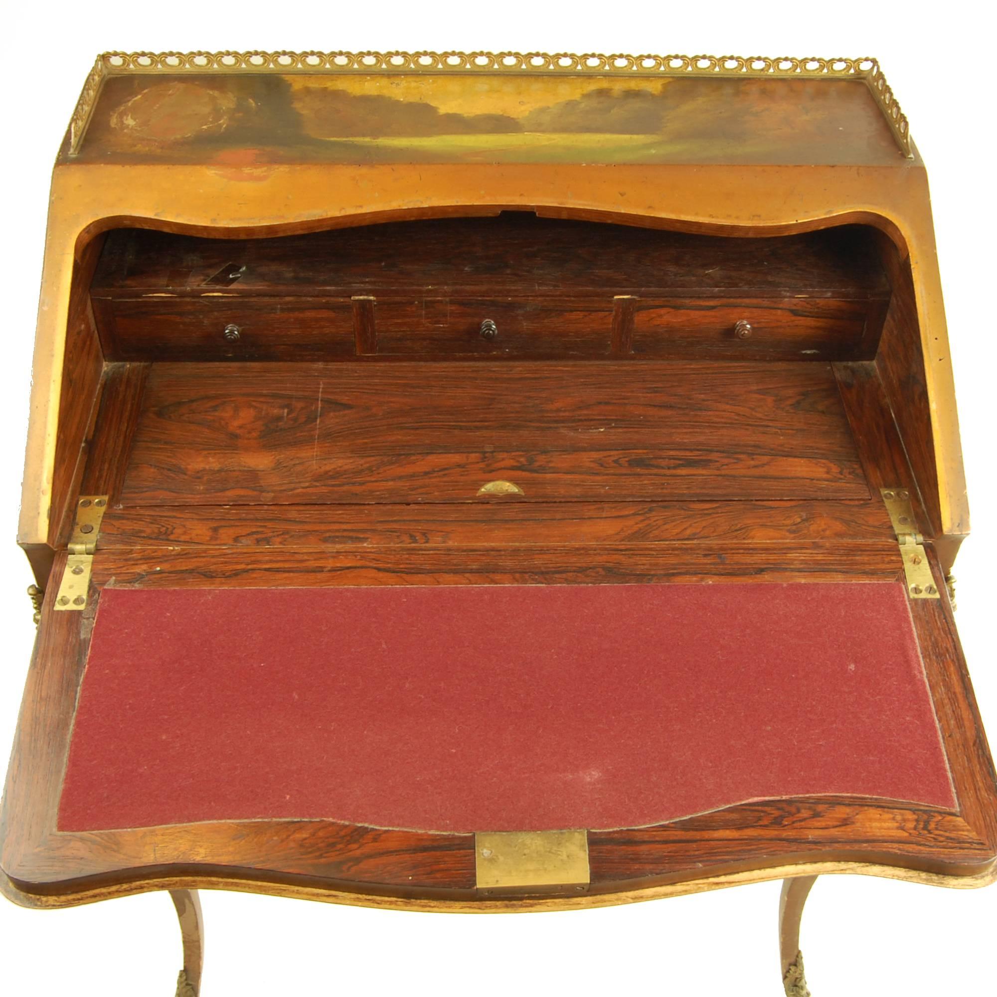 European Late 19th Century Antique Writing Desk with Painted Scene Fabric Lined For Sale