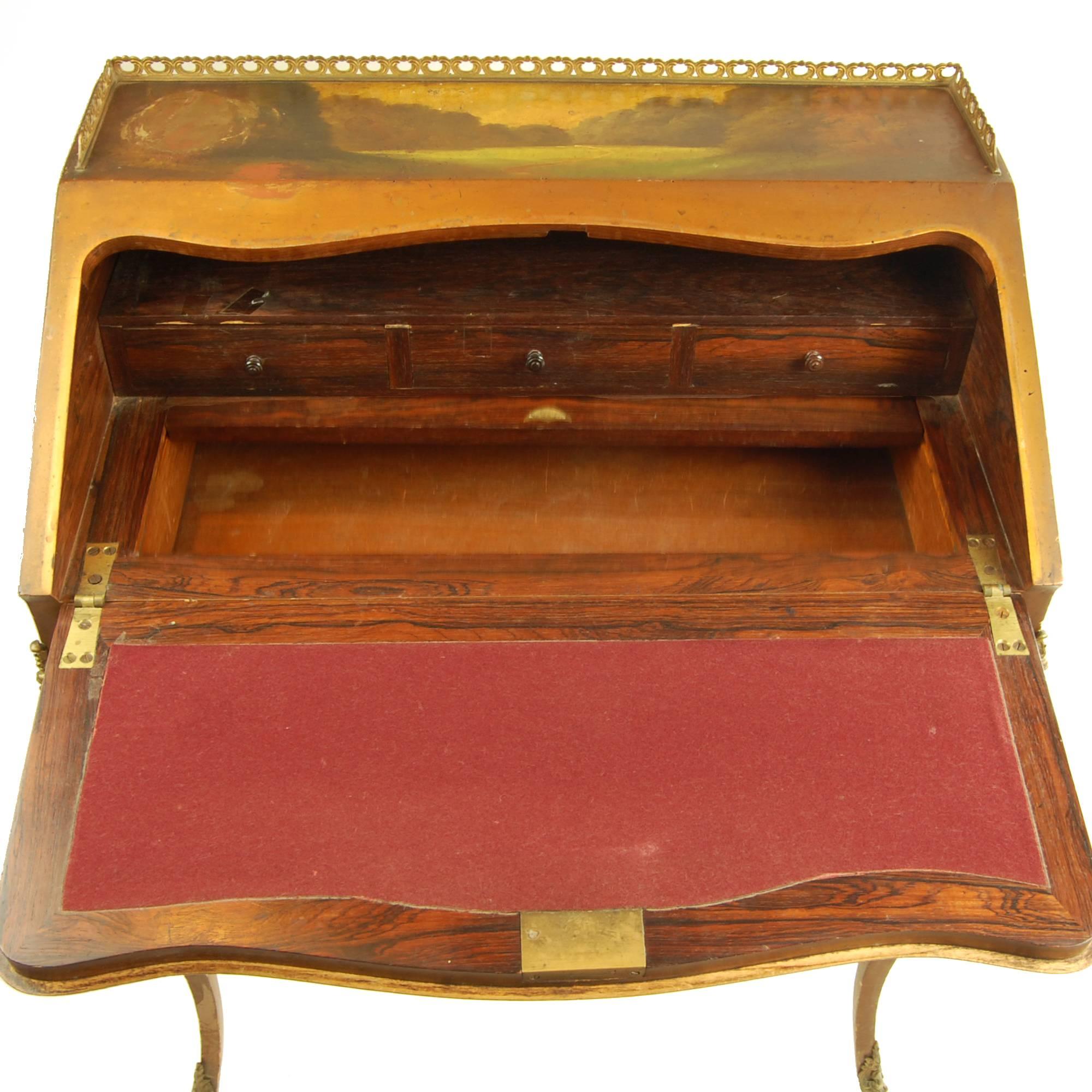 Hand-Painted Late 19th Century Antique Writing Desk with Painted Scene Fabric Lined For Sale