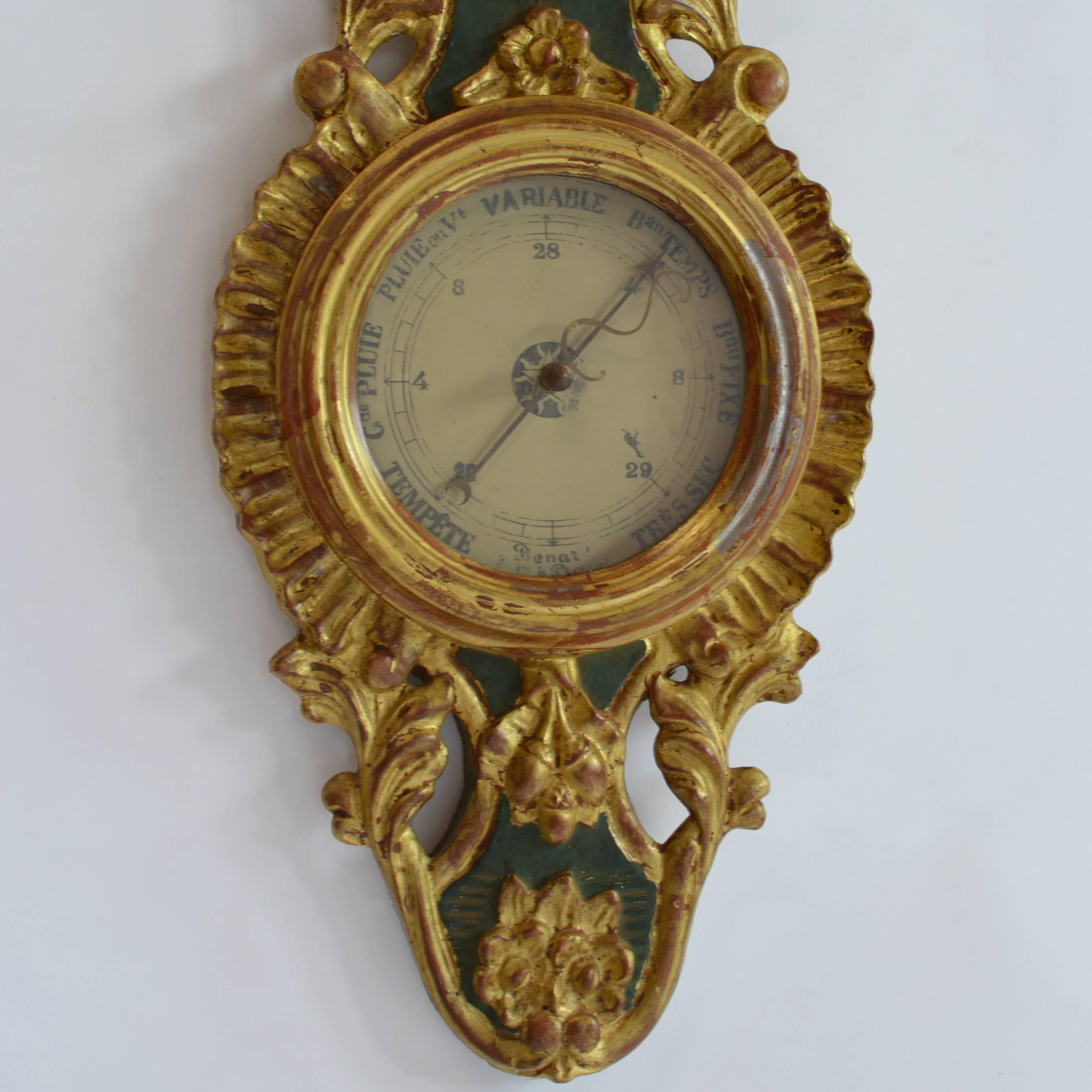 A stunning find! Beautiful gold gilt 19th century barometer found in a lovely shop on my trip to Belgium. This 18th century French weather instrument was obviously made to last, as its mercury-filled glass thermometer is still in working order.