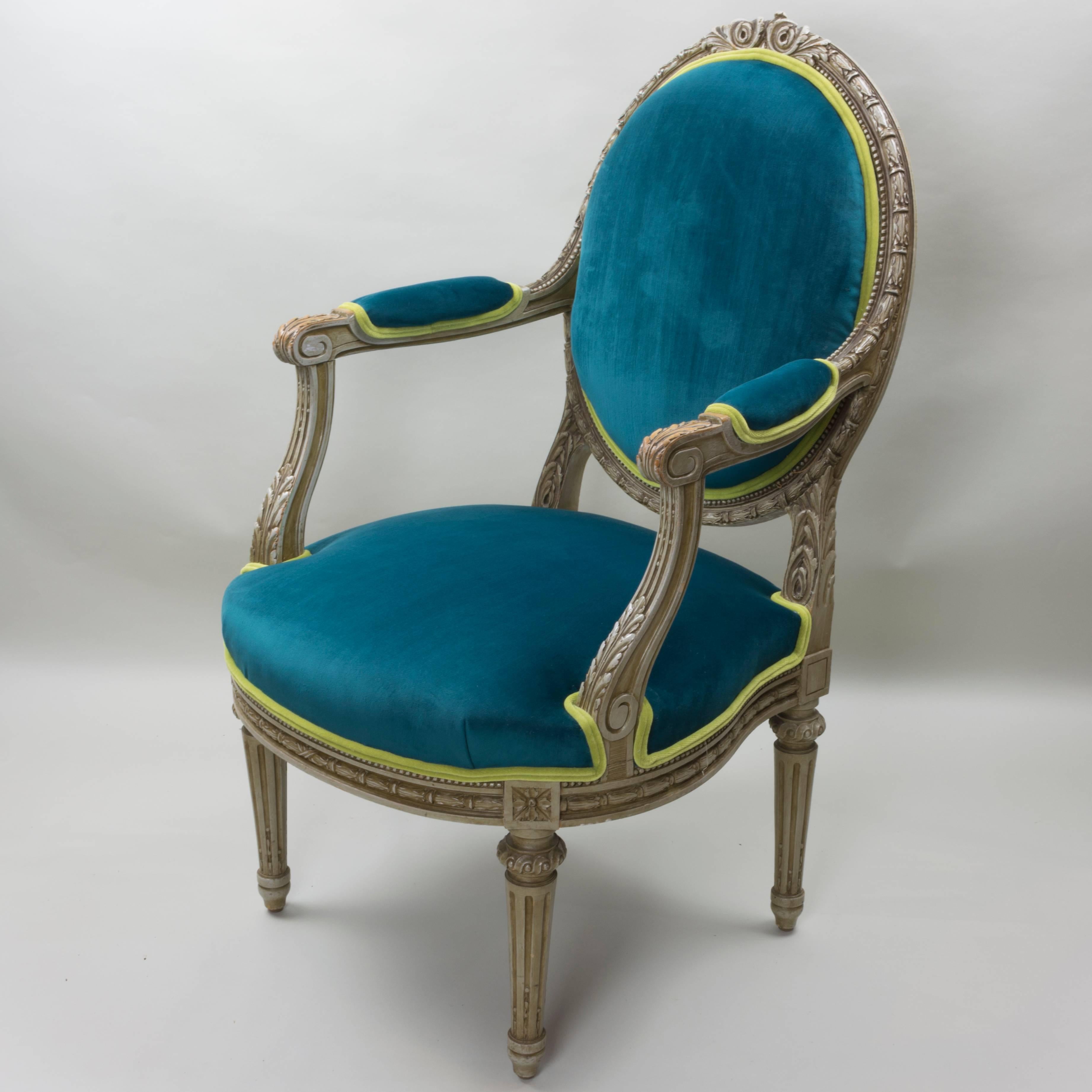 French Pair of Louis XVI Style Armchairs Blue Pine Velvet For Sale