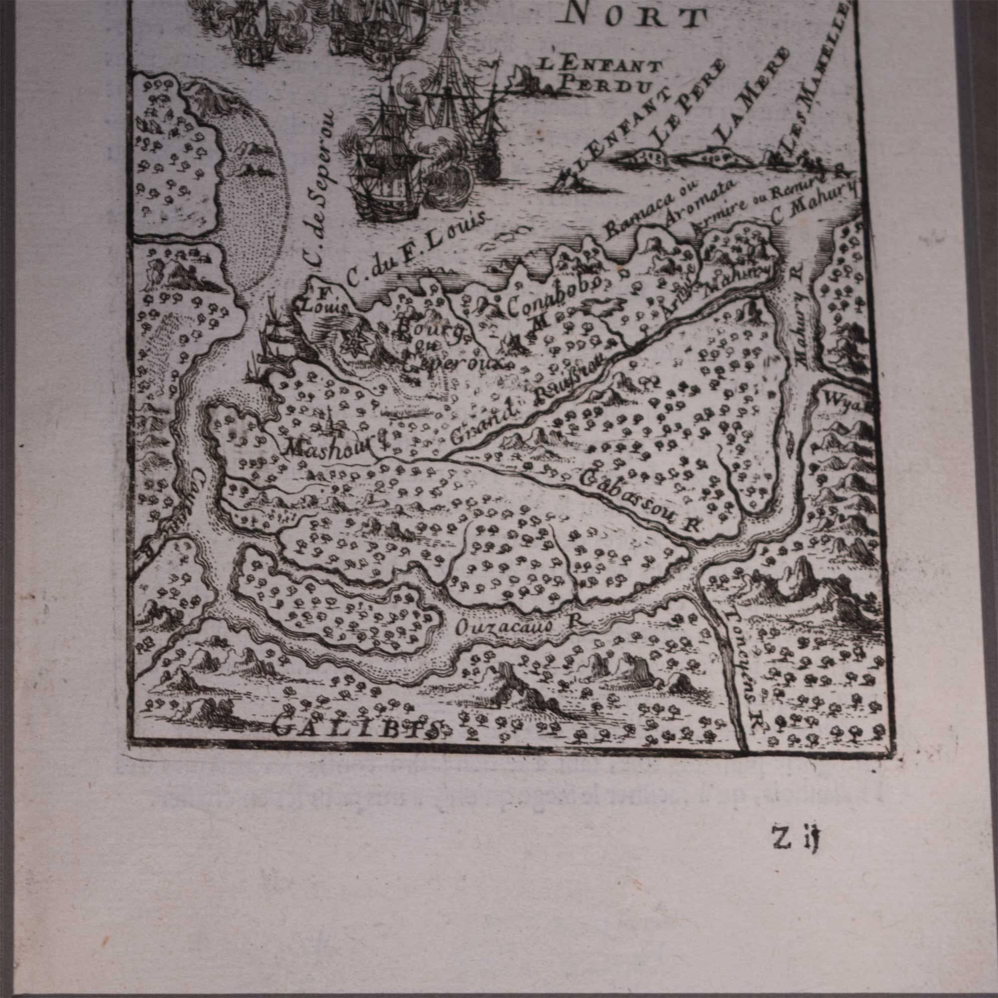 The detail of this map of the Island of Cayenne is sure to catch your eye. Mallet's dramatic view of the island of Cayenne, off French Guyana, showing Fort Louis and a fierce sea battle being waged just off shore. We have used glare reducing Museum