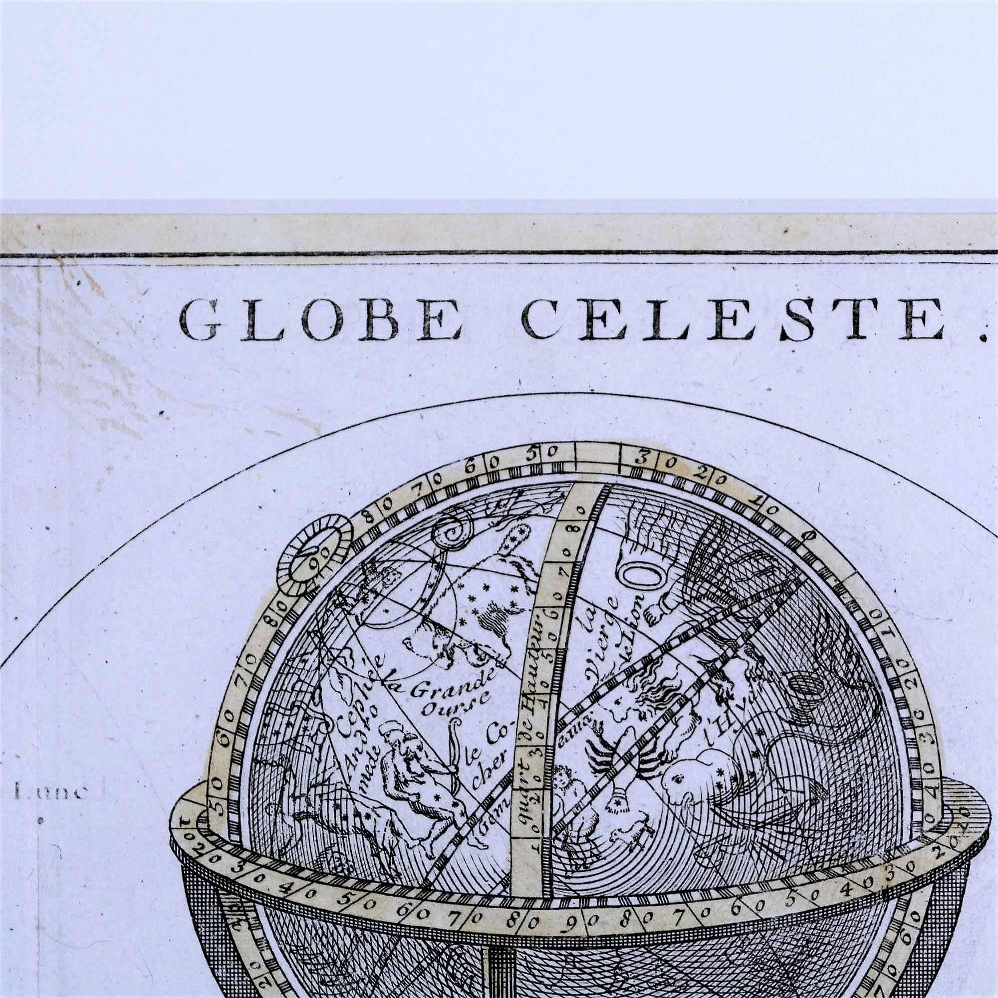 French Antique Engraving of Terrestrial and Celestial Globes Framed For Sale