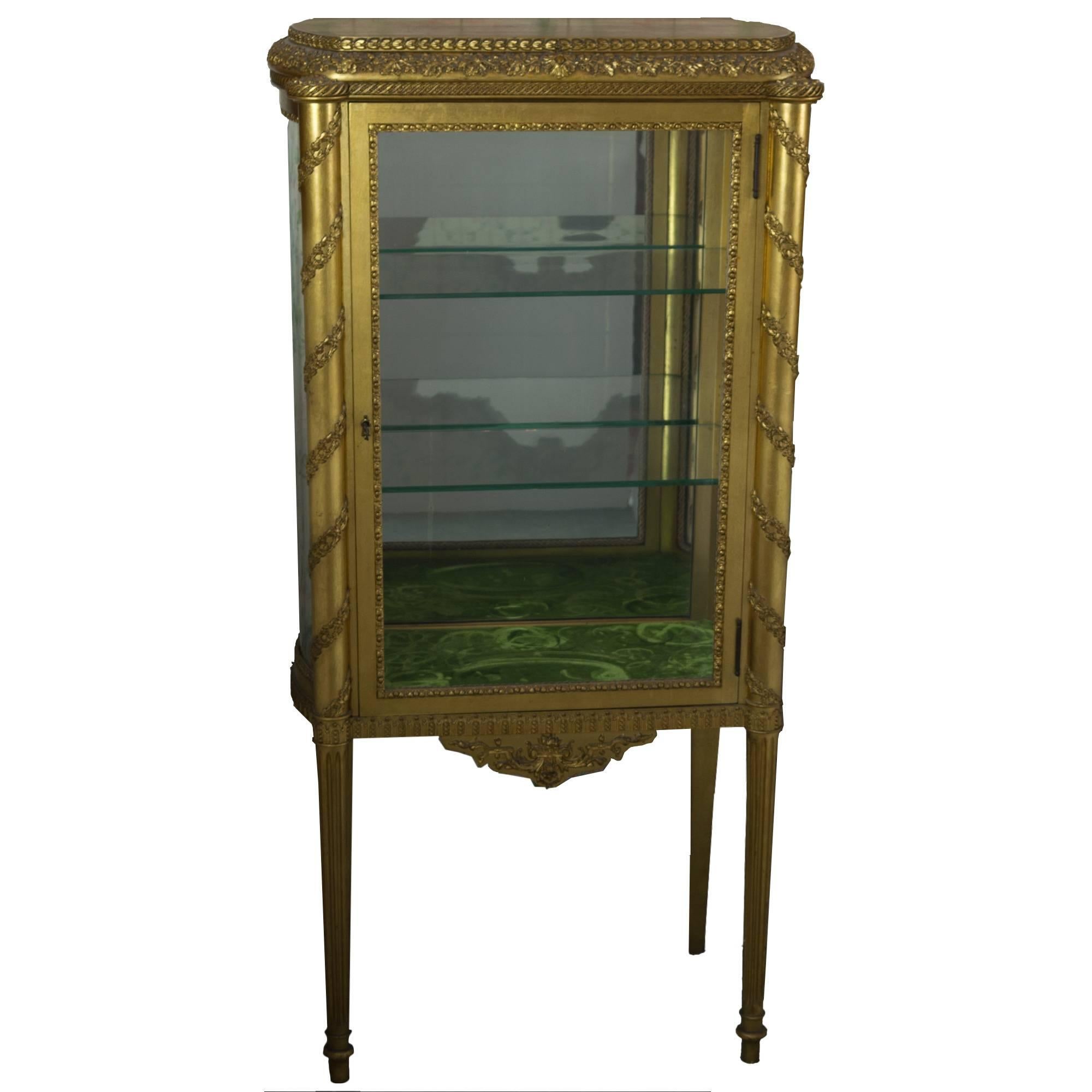 Small French Louis XVI Style Gold Giltwood Glass Vitrine Curio Cabinet