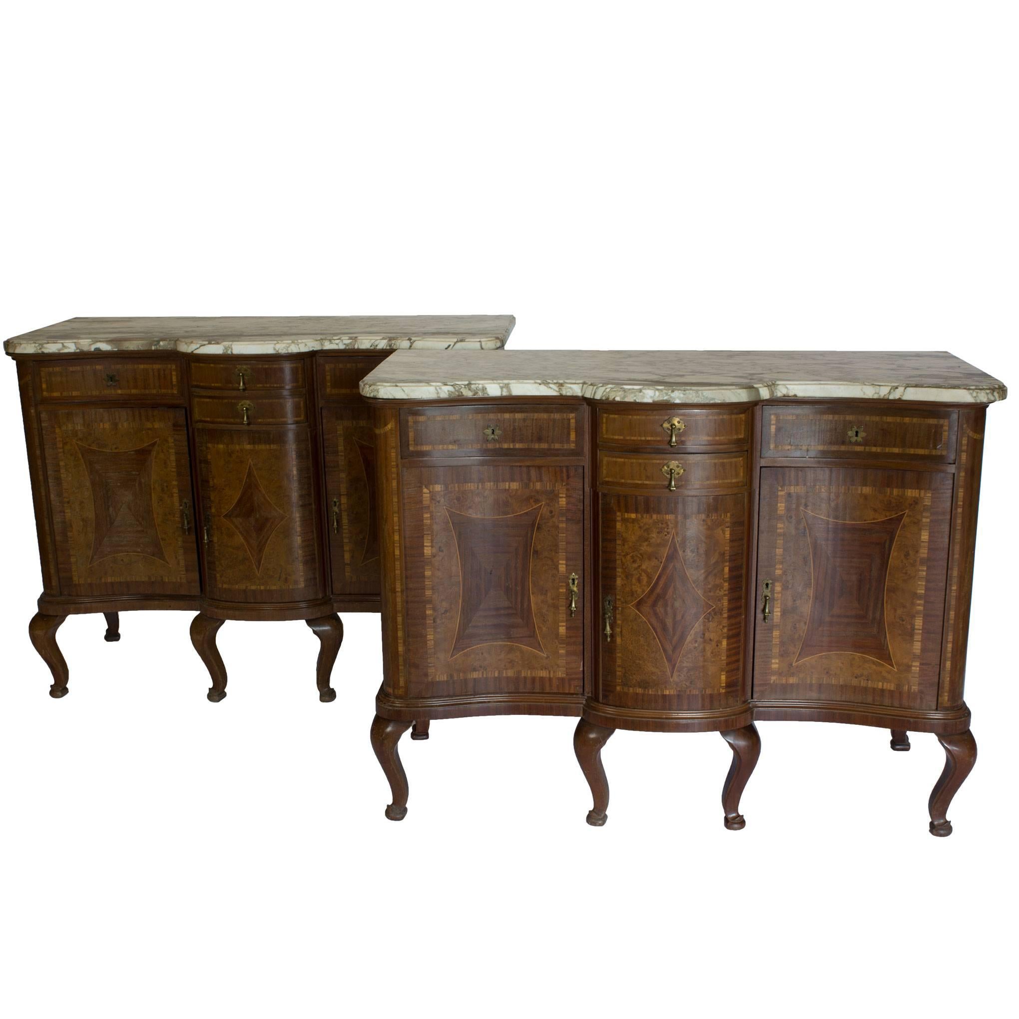 Late 19th Century Antique Pair of Marble-Top Commodes Cabriole Legs