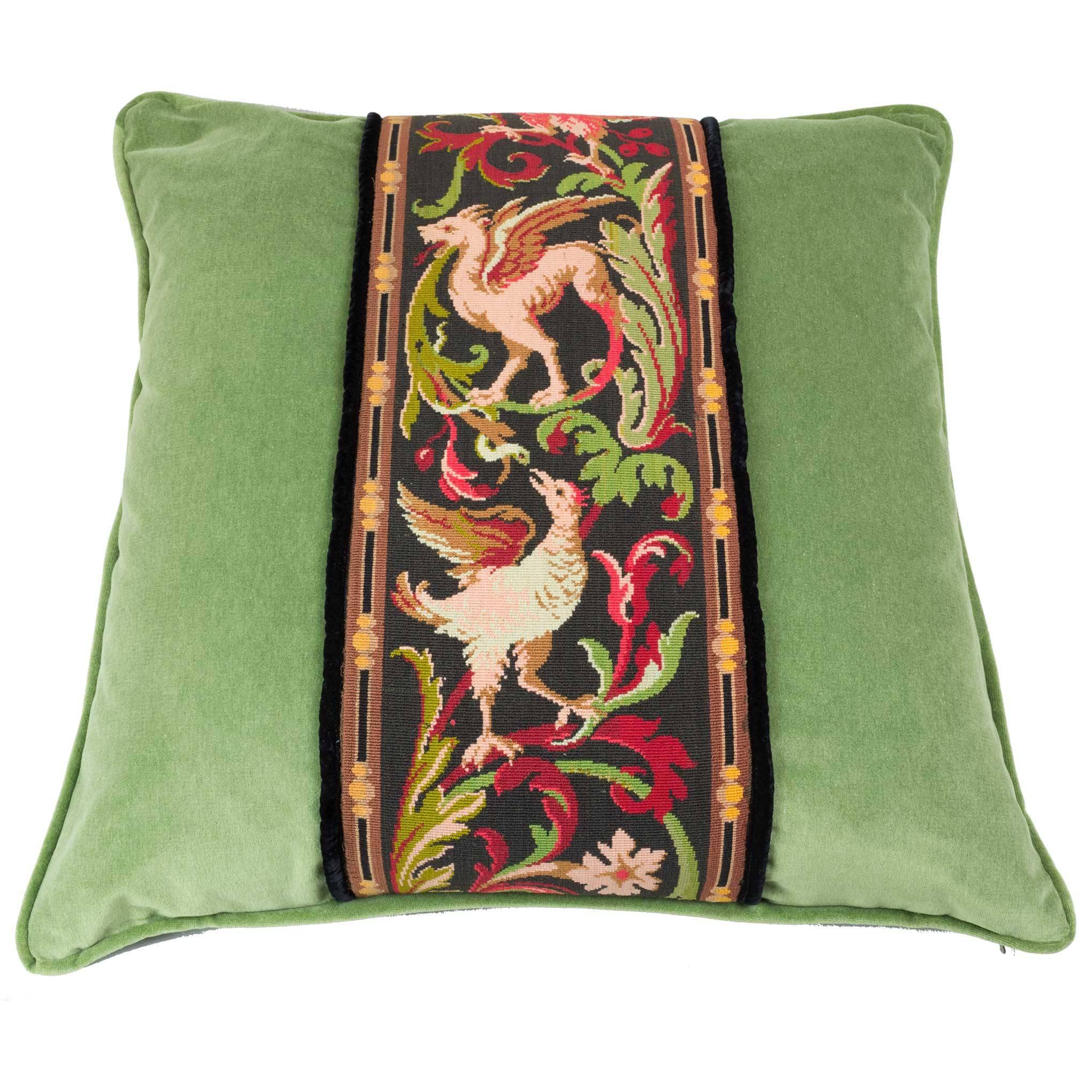 19th Century Tapestry Decorative Pillow Griffin Phoenix Green For Sale