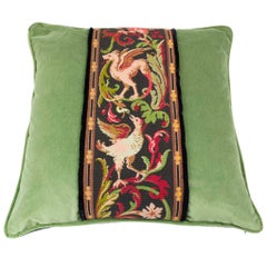 19th Century Tapestry Decorative Pillow Griffin Phoenix Green