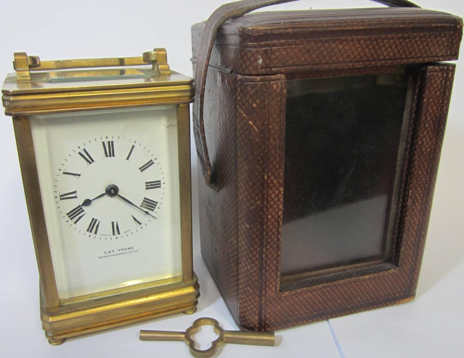 French carriage clock, with original case and key,
retailed by G&T Young, Dunedin & Wellington,
(established in Dunedin in 1862, the Wellington branch was founded in 1889).
Measures: 7.5 x 6 x 11cm high.