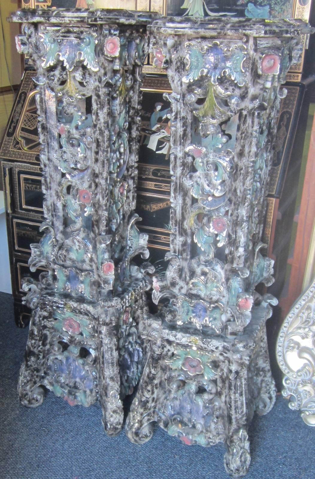 Pair of large Chinese ornate wooden pedestals with a lacquer finish,
Measures: 38 x 38 x 120cm high.