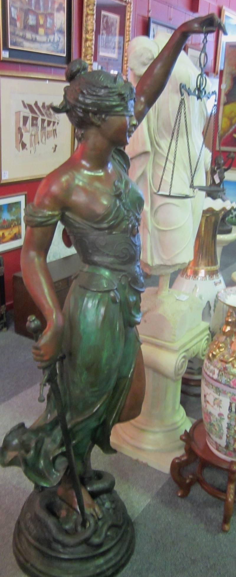 Themis, blind lady justice, bronze statue,
 signed A Mayer, copyright ASB, 
Measure: 45 x 178 cm high.