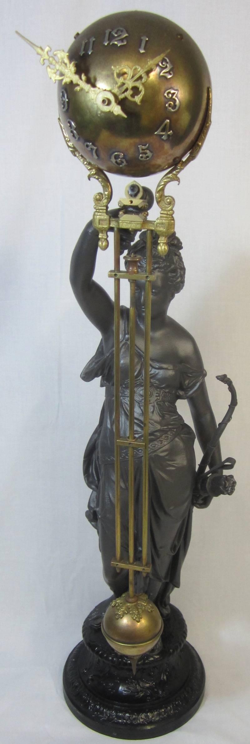 French spelter mystery clock, 
Diana the huntress, 
