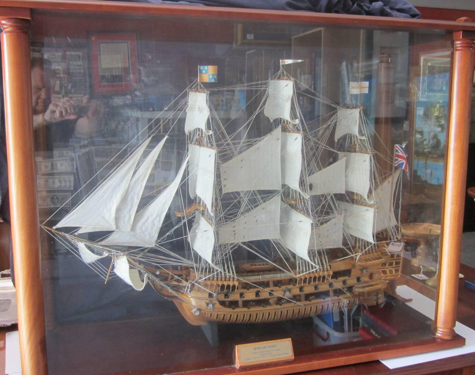 HMS Victory, highly detailed large scale model in a wood framed glass case,
Case measures 130 x 50 x 98cm high.