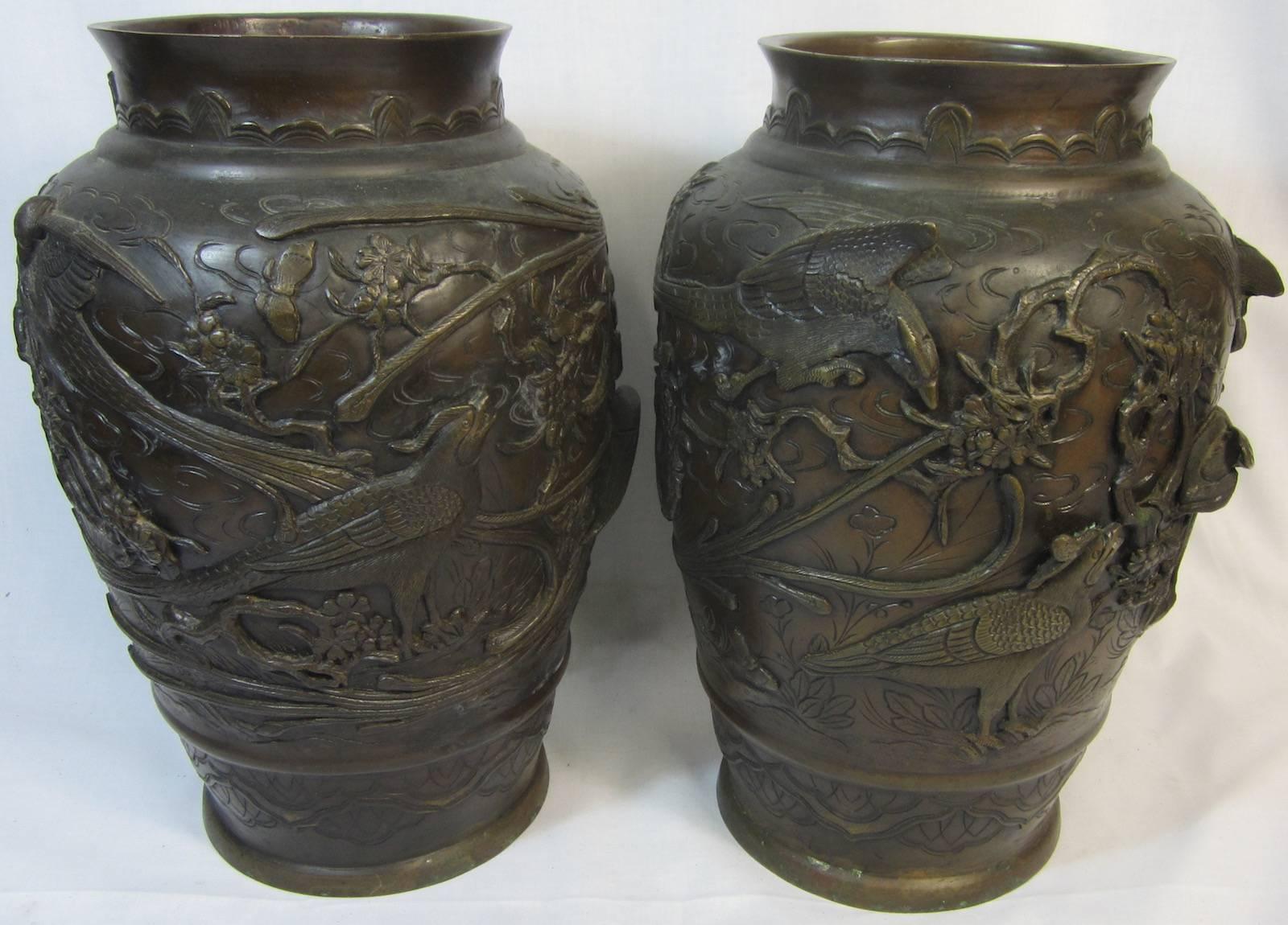 Cast Pair of Japanese Meiji Period Bronze Urns