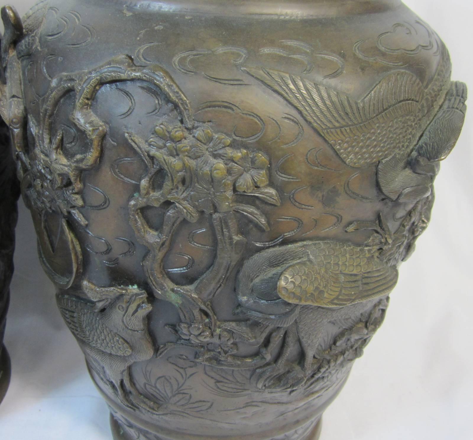 Late 19th Century Pair of Japanese Meiji Period Bronze Urns