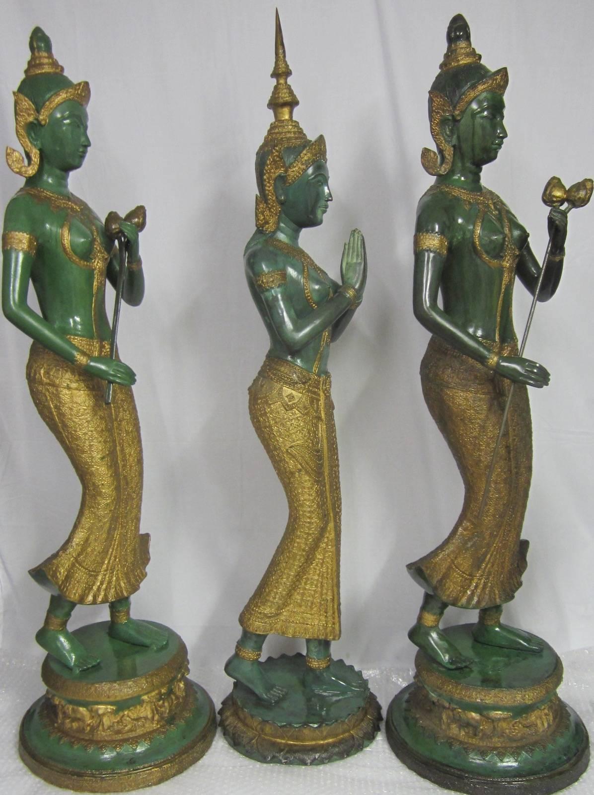 Folk Art Gilt Decorated Bronze Statues, Thailand For Sale