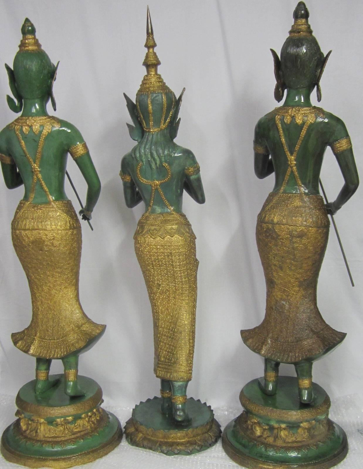 Cast Gilt Decorated Bronze Statues, Thailand For Sale
