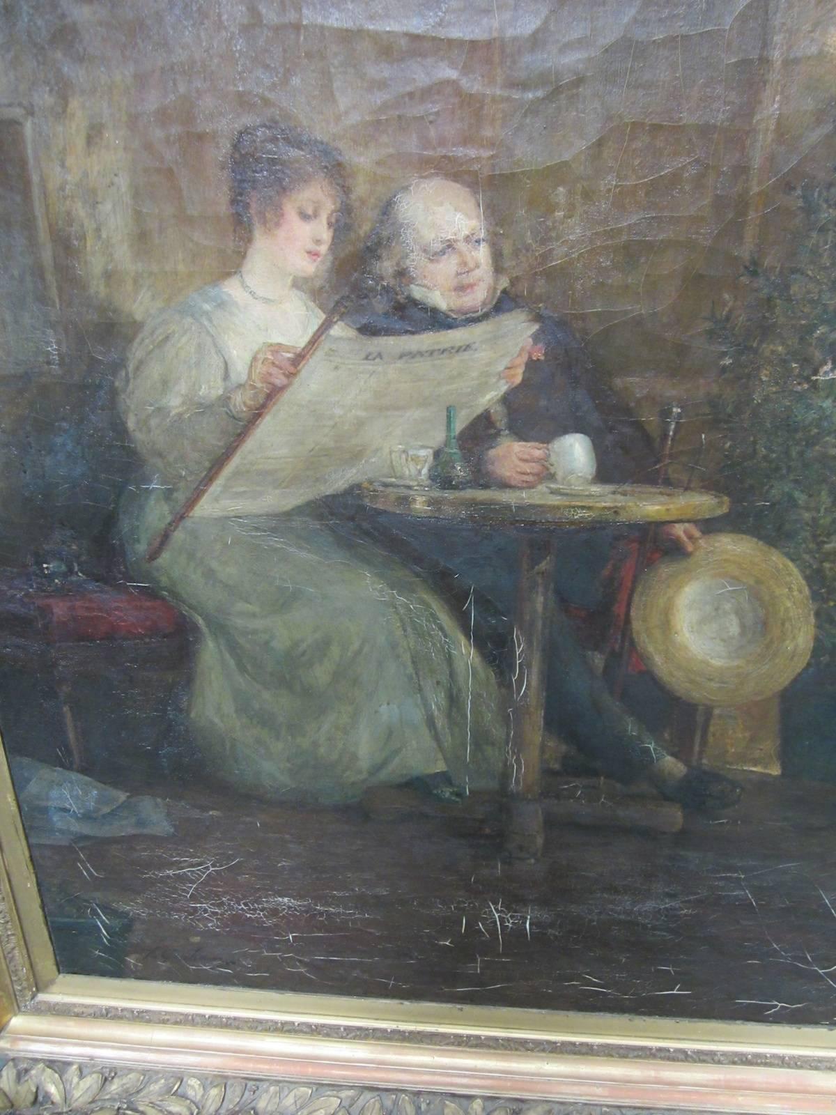 Thomas Alexander Graham (Scotland) 1840-1906,
Young woman and man reading (La Patrie),
Oil on canvas, in need of restoration,
image 100 x 127, frame 140 x 167cm.
Has a 2005 Valuation for AUS$8,000,
Would make an excellent mirror.